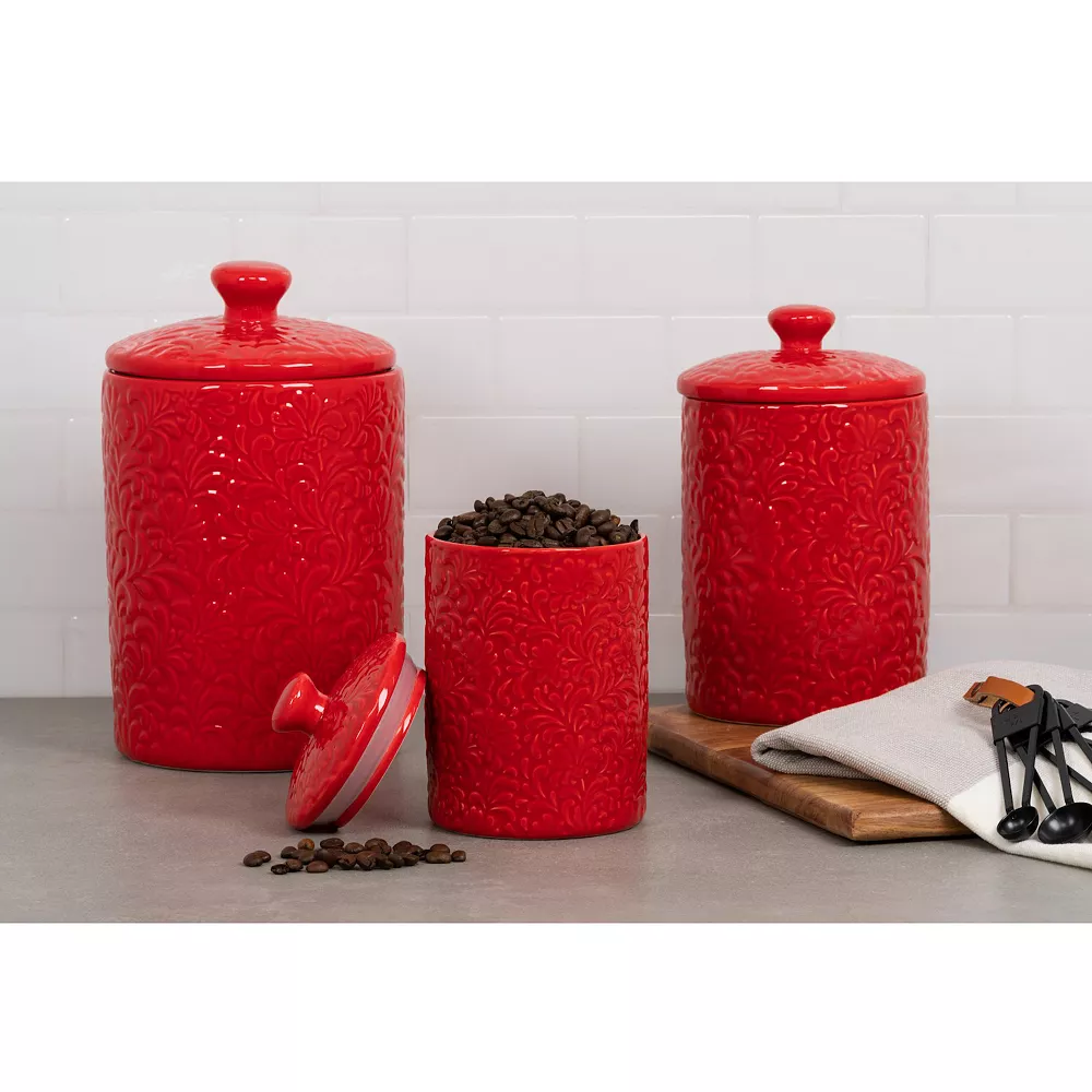 10 Strawberry Street Fleur Embossed 3-pc. Ceramic Canister Set 2 10 Strawberry Street Fleur Embossed 3-pc. Ceramic Canister Set - Image 2