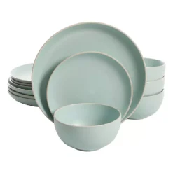Gibson Living Gibson Rockaway 12 Piece Stoneware Dinnerware Set, Plates & Bowls, Matte Teal