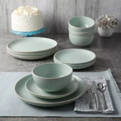 Gibson Living Gibson Rockaway 12 Piece Stoneware Dinnerware Set, Plates & Bowls, Matte Teal -dinner plate shop 5764618 ALT3