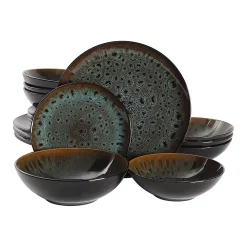 Gibson Living Gibson Elite Kyoto 16 Piece Double Bowl Dinnerware Set, Service For 4, Teal