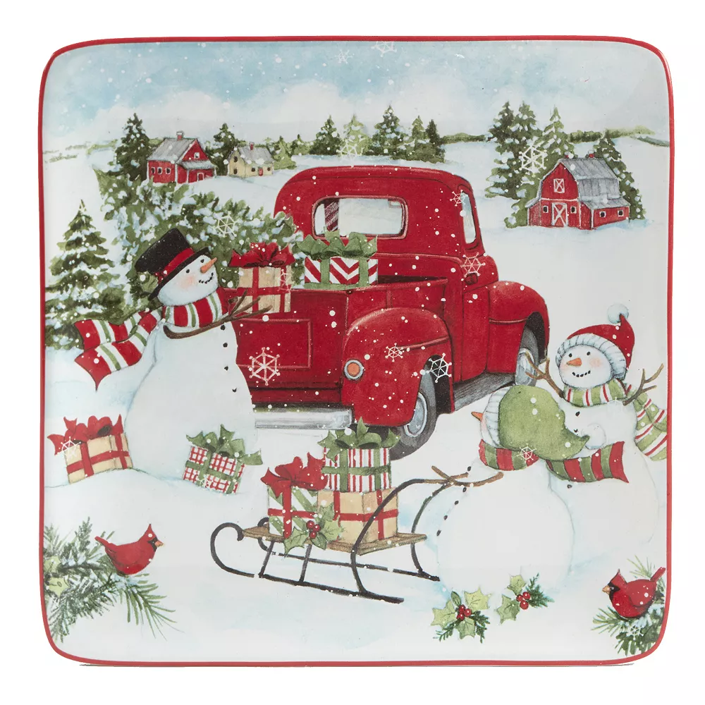 Certified International Red Truck Snowman 4-pc. Dessert Plate Set 3 Certified International Red Truck Snowman 4-pc. Dessert Plate Set - Image 3