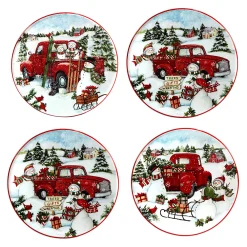 Certified International Red Truck Snowman 4-pc. Canape Plate Set