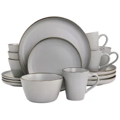 Elama Louis 16 Piece Stoneware Dinnerware Set In Matte Slate With Gold Rim