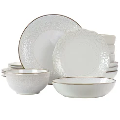 Elama Countess 16 Piece Embossed Double Bowl Stoneware Dinnerware Set In Ivory