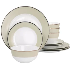 Martha Stewart Gibson Everyday Gold Rimmed 12 Piece Fine Ceramic Dinnerware Set