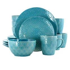 Elama Aqua Lily 16 Piece Luxurious Stoneware Dinnerware With Complete Setting For 4
