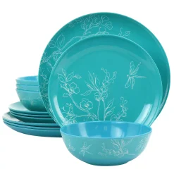 Martha Stewart 12 Piece Leafy Floral Melamine Dinnerware Set In Turquoise