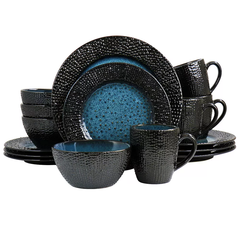 Elama Estevan 16 Piece Round Textured Stoneware Dinnerware Set In Charcoal And Blue 1 Elama Estevan 16 Piece Round Textured Stoneware Dinnerware Set In Charcoal And Blue