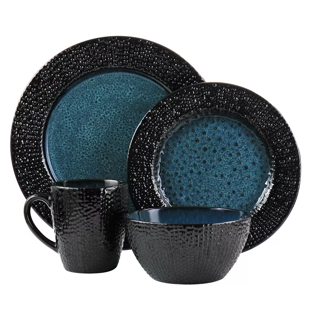 Elama Estevan 16 Piece Round Textured Stoneware Dinnerware Set In Charcoal And Blue 2 Elama Estevan 16 Piece Round Textured Stoneware Dinnerware Set In Charcoal And Blue - Image 2