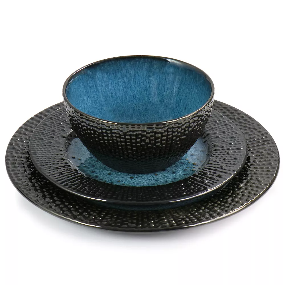 Elama Estevan 16 Piece Round Textured Stoneware Dinnerware Set In Charcoal And Blue 3 Elama Estevan 16 Piece Round Textured Stoneware Dinnerware Set In Charcoal And Blue - Image 3