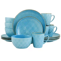 Elama Aqualite 16 Piece Embossed Stoneware Dinnerware Set In Teal