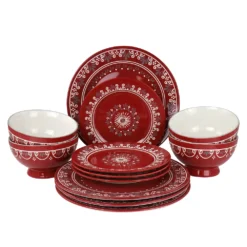 Gibson Elite Coloma 12 Piece Stoneware Dinnerware Set In Red