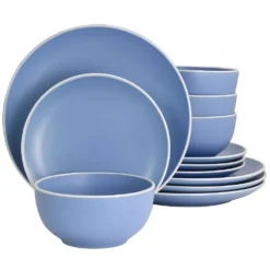 Spice By Tia Mowry Creamy Tahini 12 Piece Stoneware Dinnerware Set In Matte Blue
